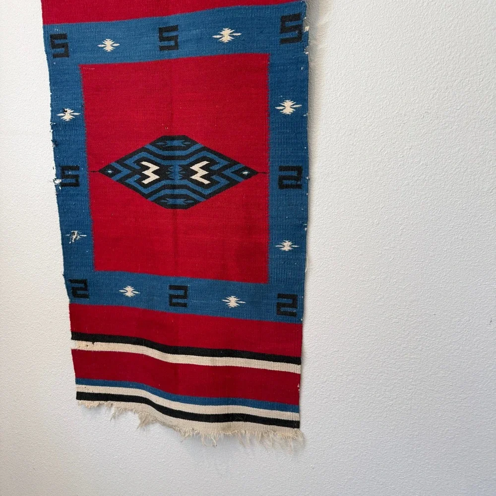 Vintage Southwestern Handwoven Wool Rug Red Blue Geometric Tribal Wall Hanging